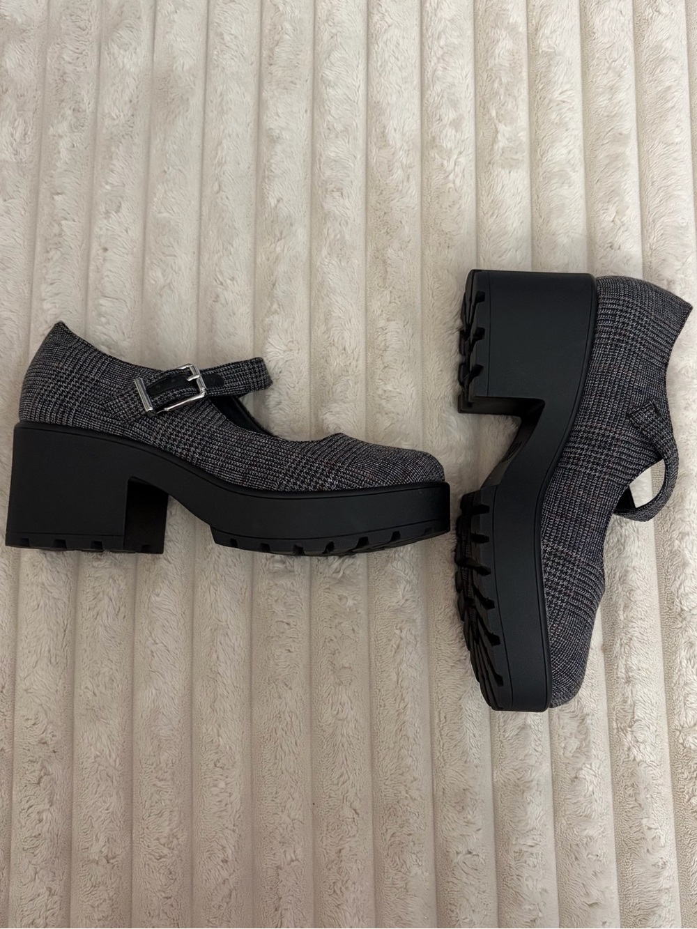 Chunky Mary Jane Heels in Black and Grey Plaid